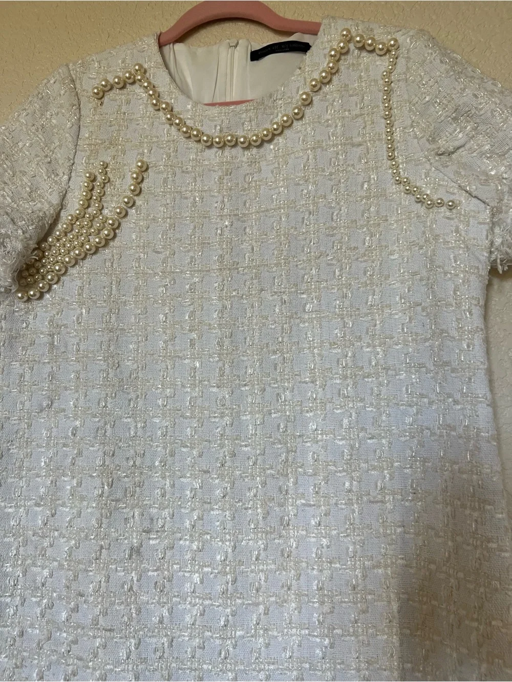 White Tweed Pearl-Trim Dress
